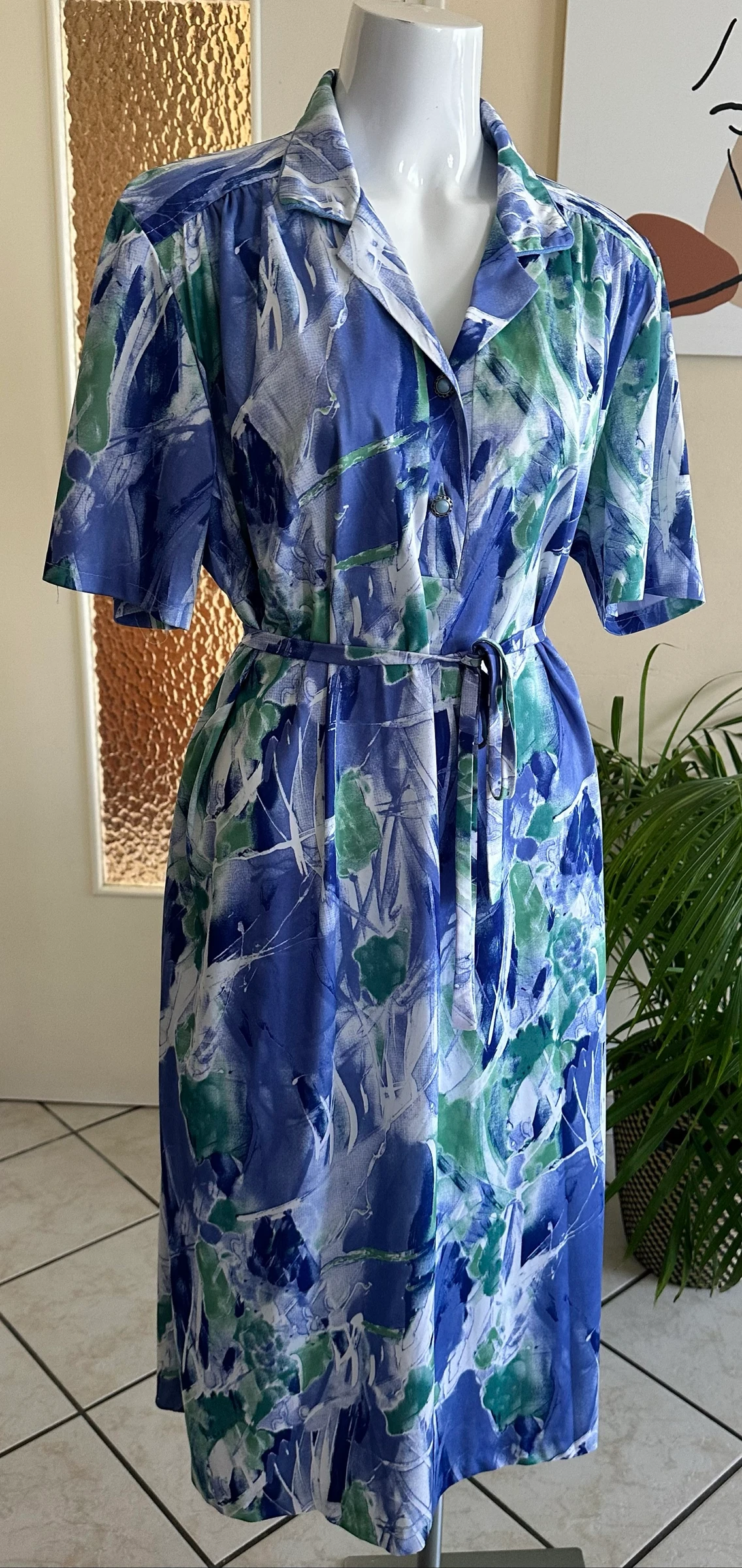 Vestido vintage con cinturón a juego talla 48/50 – Estado impecable – Azul y verde – photo 2